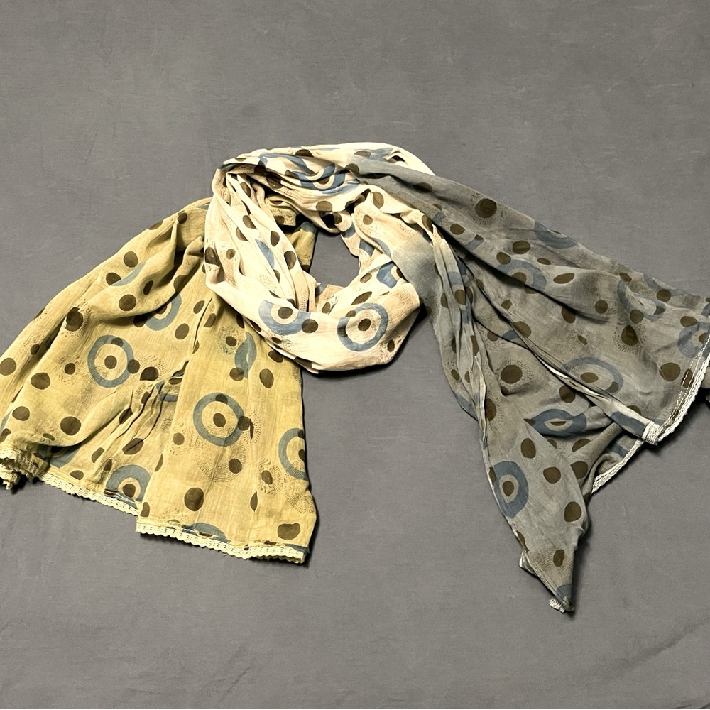 Chiffon scarf with blue, green and black polkadots